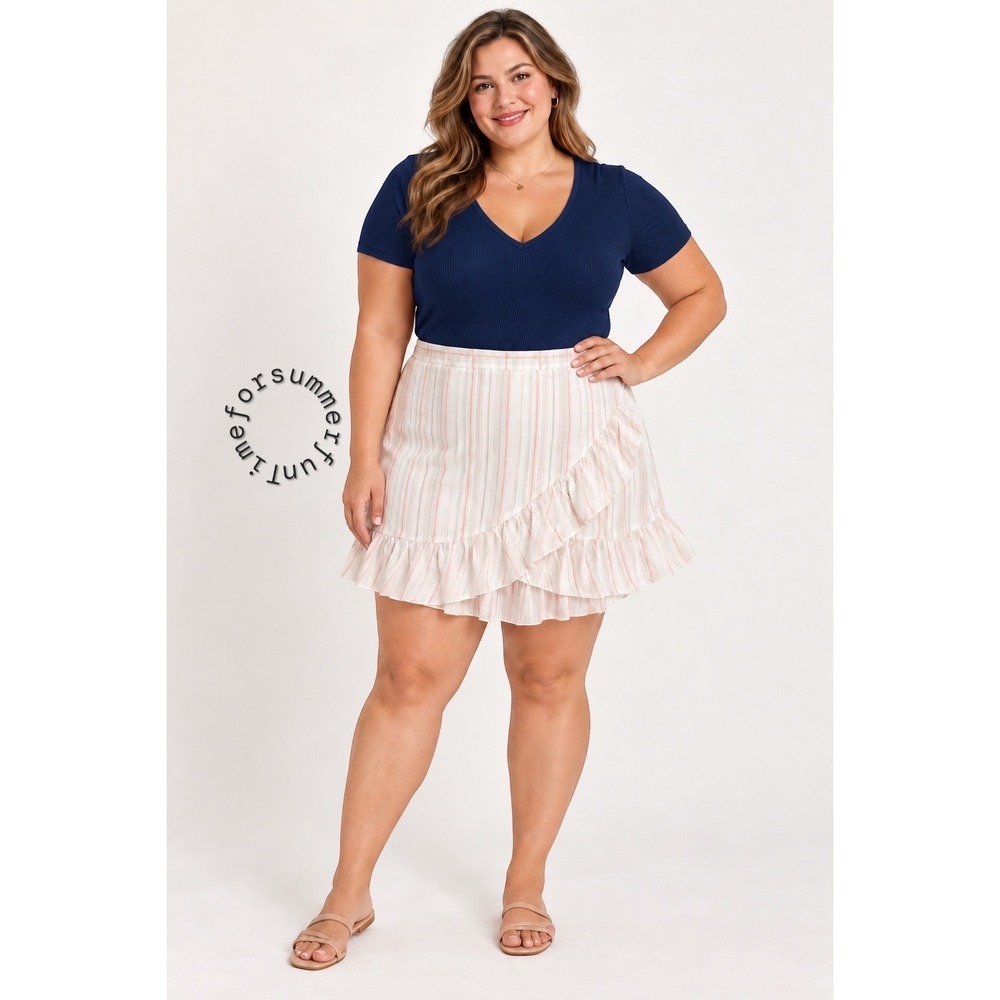 LC Lauren Conrad Pink White Striped Ruffle Faux Wrap Mini Skirt Plus Size XXL